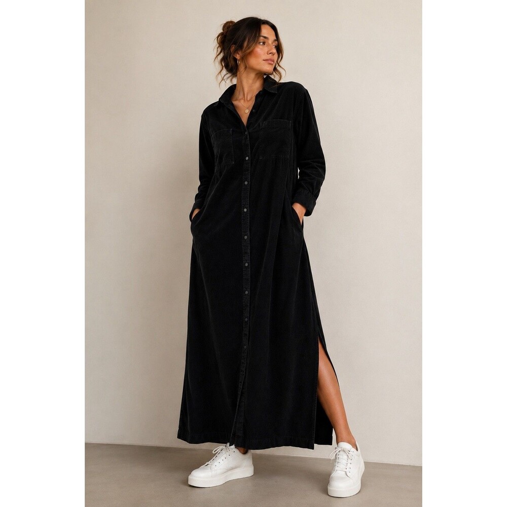 Dockers Black Corduroy Maxi Shirt Dress 100% Cotton Long Sleeve Side Slits